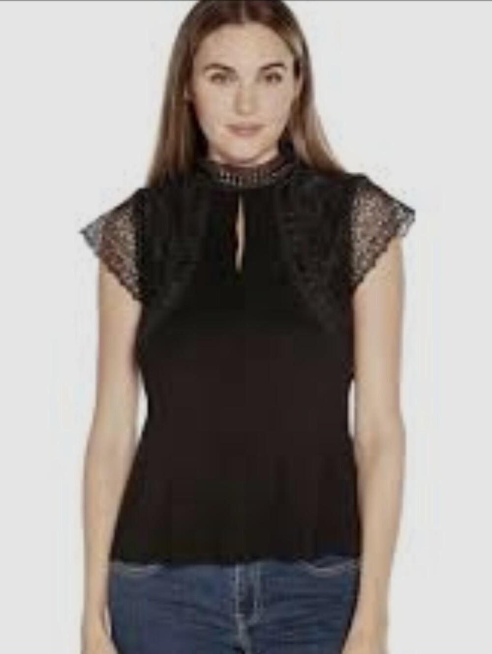 Belldini Black Lace Cap-Sleeve Mock Neck Top Size Medium